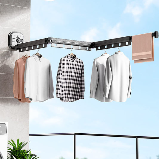 Clothesline, Retractable Wall Mounted Garment Rack with Suction Cup, Foldable Collapsible Clothes Rail with Hooks & Towel Holder Balcony, Laundry, Bathroom, Bedroom (Dark Gray 3-tier)