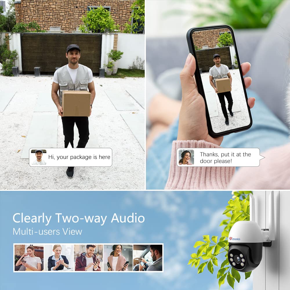 Ctronics PTZ Outdoor Surveillance Camera Set with Auto Tracking, Color Night Vision, Person Detection, 1080P Wireless IP Camera Outdoor WiFi, 350°/90° Pan/Tilt, 2-Way Audio, Cloud Storage.