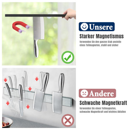 Dmore 50 cm magnetic knife strip with 4 hooks, black magnetic knife holder without drilling, strong magnet knife holder, includes adhesive tape and screws for knives, utensils, and tools.