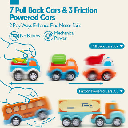 Hahaland car toy for 3 4 5 year olds, truck toy with lights and music, 10 in 1 cars transporter set kids toy, toy car gift for 3 4 5 year old boys girls.