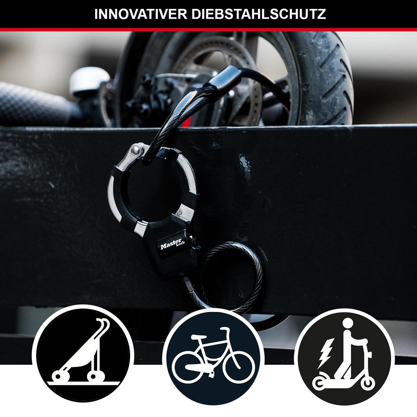 Master Lock Cable Lock with Key, 1m, Ideal for Scooters, Bikes, Strollers, Sports Equipment