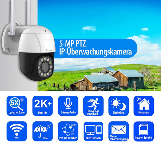 7links dome camera: PTZ IP surveillance camera, 2K+, 5X optical zoom, IR, WiFi, 64GB, app (LAN camera, outdoor WiFi camera, wireless motion detector)
