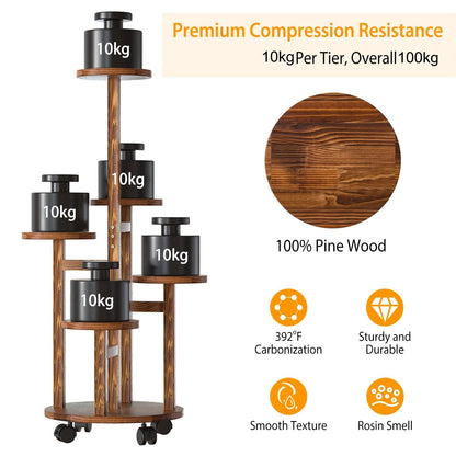 Wuciray Flower Stand Wooden Plant Stand with Wheels 5-Tier Plant Ladder Plant Shelf Flower Bench Flower Shelf Flower Stairs Balcony Shelf Indoor Outdoor Patio decor Apartment