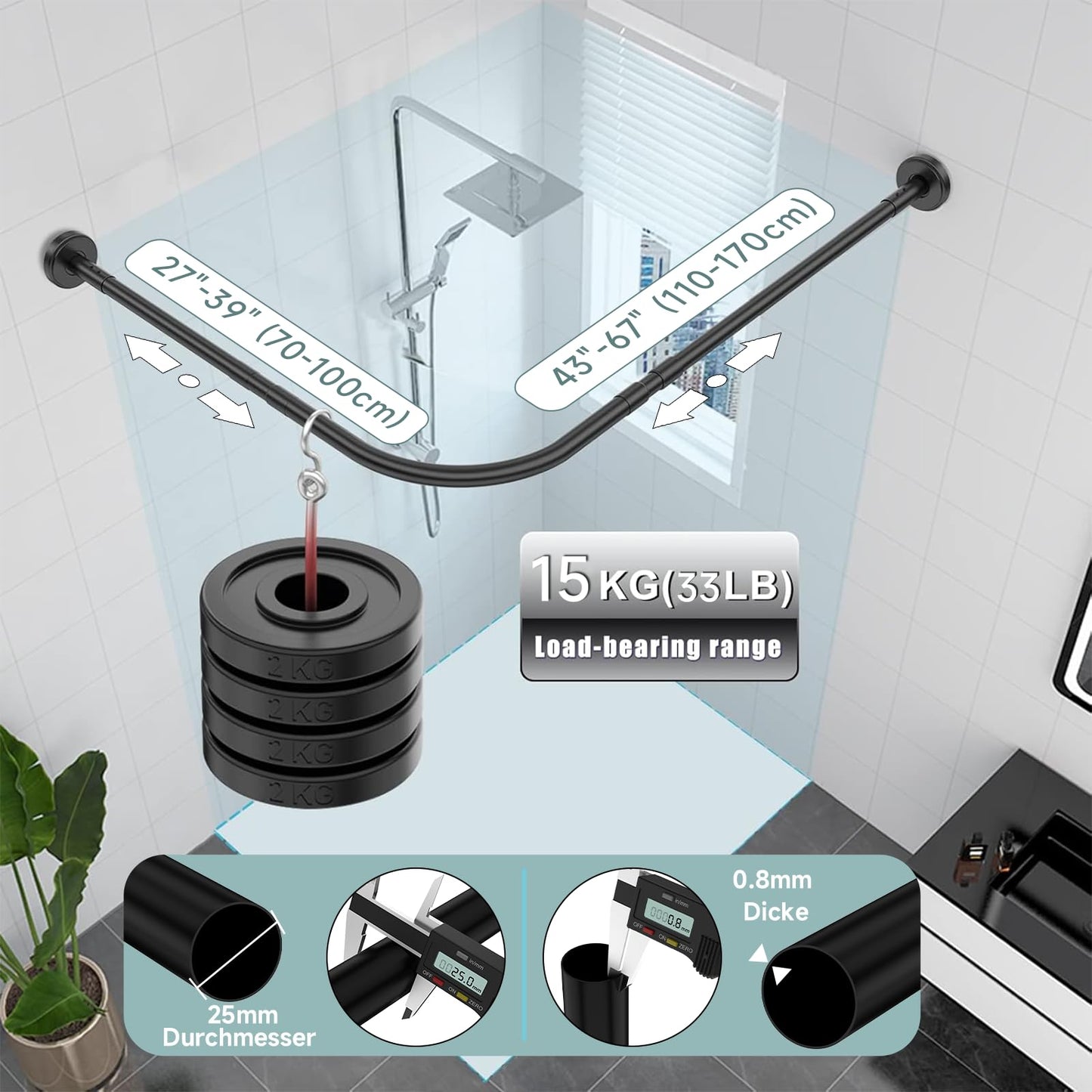 Shower curtain rod L shape adjustable 70-100 × 110-170 cm, with 18 stainless steel rings, corner shower rod made of SUS 304 stainless steel, drill installation, suitable for bathtub & bathroom, Black