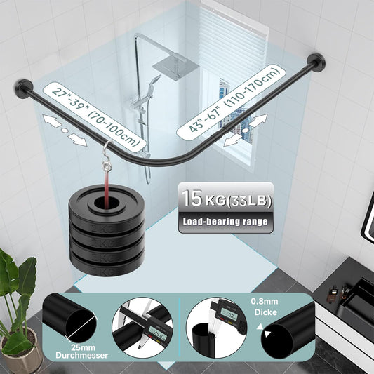 Shower curtain rod L shape adjustable 70-100 × 110-170 cm, with 18 stainless steel rings, corner shower rod made of SUS 304 stainless steel, drill installation, suitable for bathtub & bathroom, Black