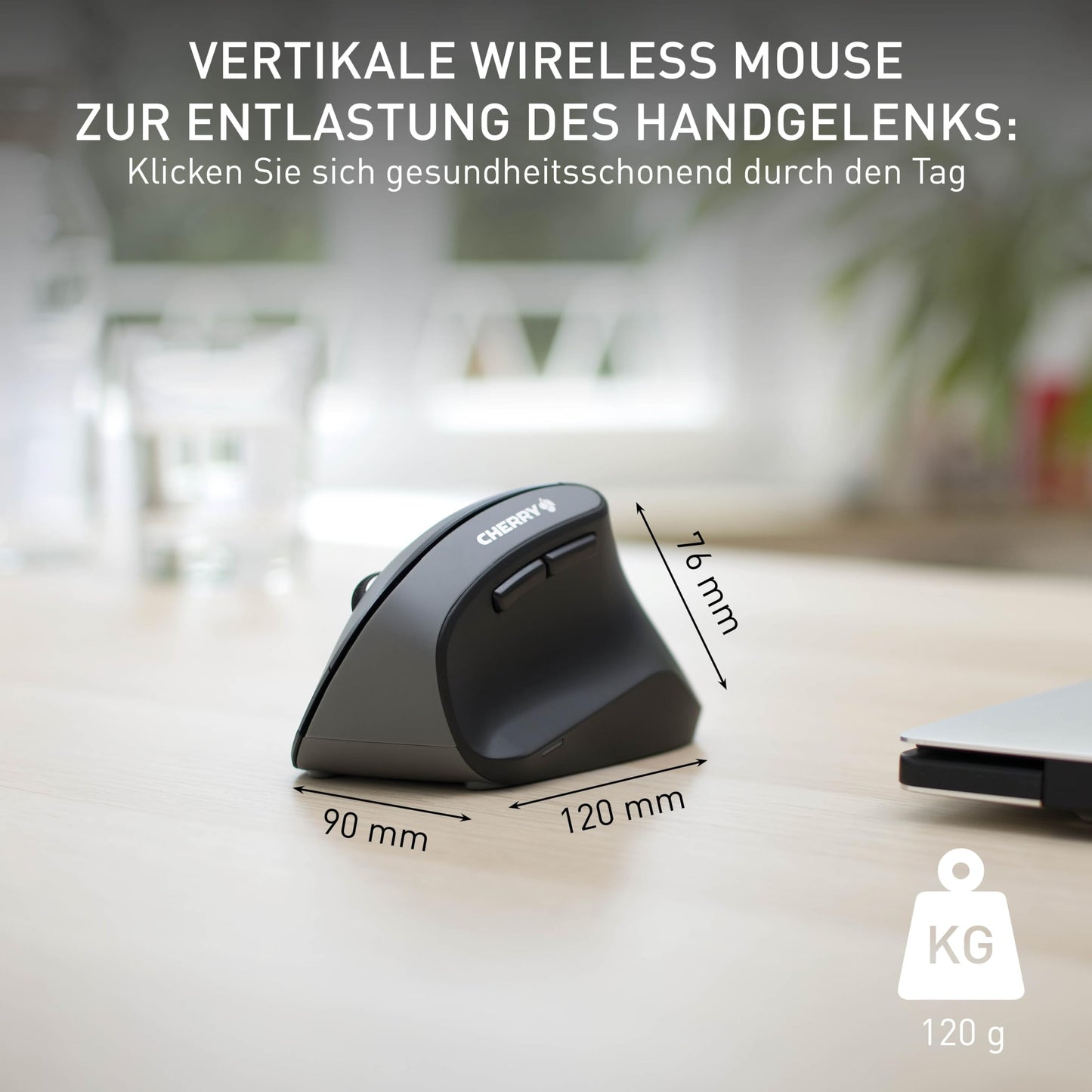 CHERRY MW 4500, ergonomic vertical mouse for right-handers, wireless (2.4 GHz), 3-level adjustable resolution up to 1200 dpi, battery-operated, black.