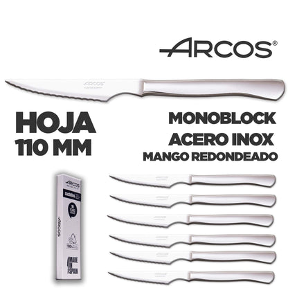 Arcos Meat Knife Set | 6 pieces | Steak knife Brand Arcos | Stainless steel cutlery | Blade 110 mm | Monoblock handle | Dishwasher safe | environmentally friendly packaging