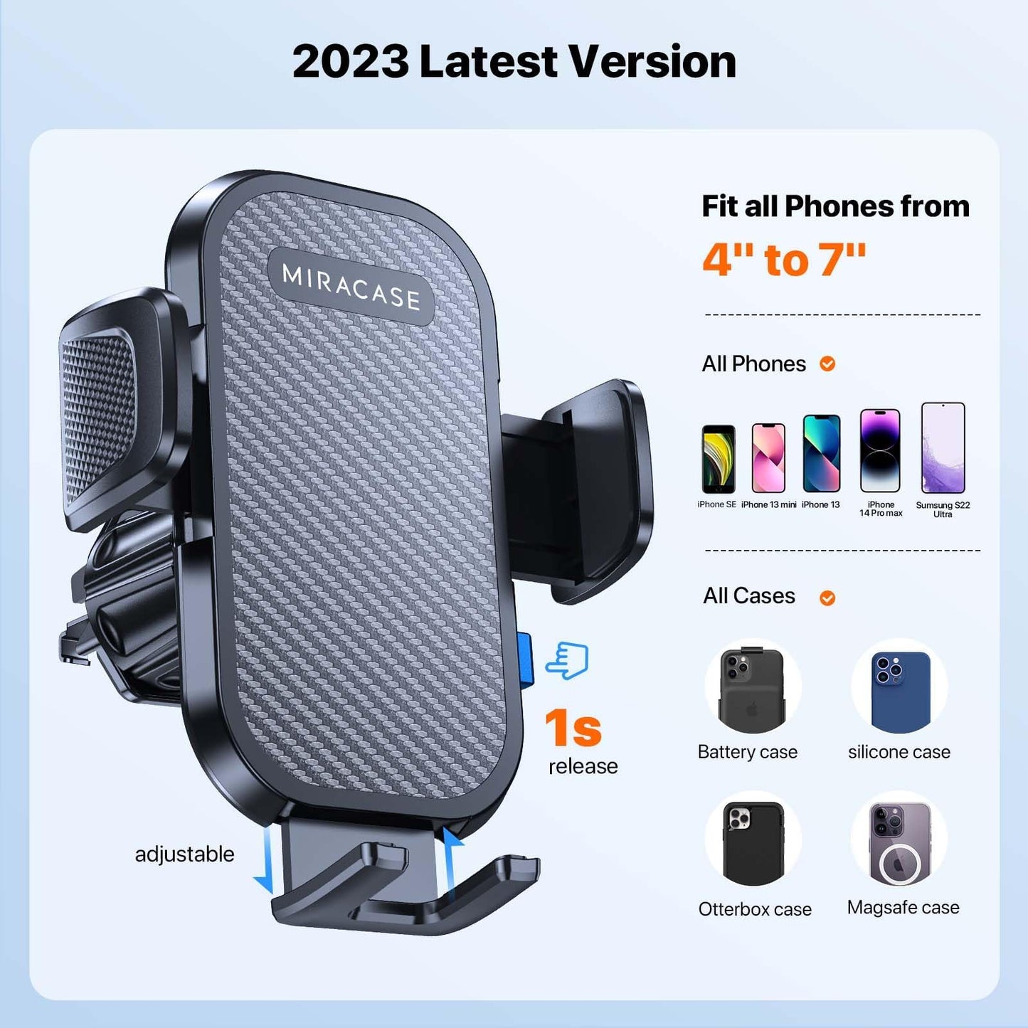 Miracase car phone holder, 360° rotatable universal phone holder for car vents, one-button release car holder for iPhone, Huawei, and other 4-7 inch smartphones.