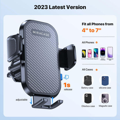 Miracase car phone holder, 360° rotatable universal phone holder for car vents, one-button release car holder for iPhone, Huawei, and other 4-7 inch smartphones.