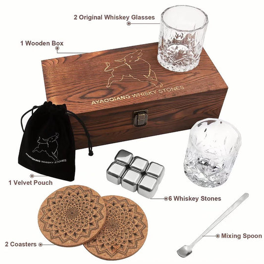 Whiskey Stones Gift Set - 6 Stainless Steel Whiskey Ice Cubes Reusable - Whiskey Rocks Cooling Stones, Special Gifts for Men - Whiskey Chillstone for Whiskey, Vodka, Gin, Wine & More.