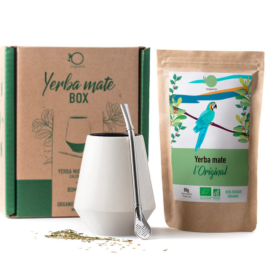 ORIGEENS MATE TEA SET with Mate Cup from Portugal, Bombilla, and organic Yerba Mate Tea - Original gift set.