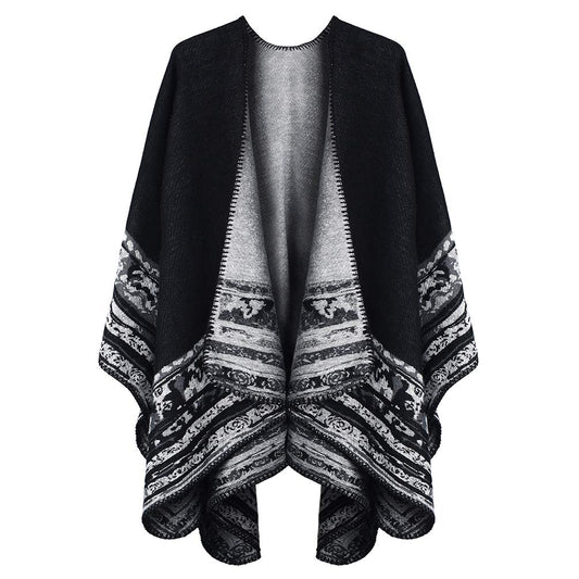 Winter Warm Poncho Scarf Wrap - Autumn Open Front Cape Windproof Knit Wool Coat Blanket Cape Scarf Oversized Winter Blanket Reversible Scarf Thick Cardigan Coat for Women Girls Festive Gifts