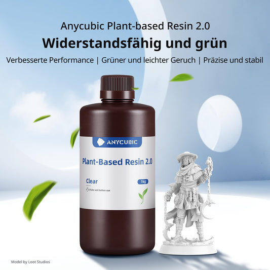 ANYCUBIC Plant Based Resin 2.0, Low odor 3D printer resin, Improved toughness, Flexural strength, Not easy to break, UV photopolymer resin for 405nm LCD 3D printers, White 1000g.