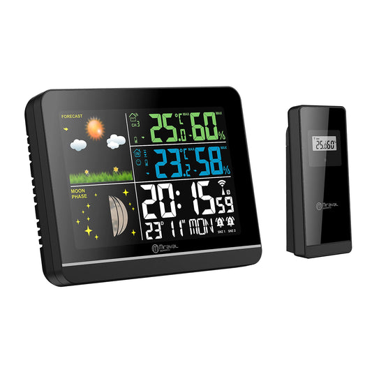 Miraval Funk Weather Station: Indoor/outdoor Hygrometer & Thermometer, color display, time and date display, day of week, moon phase, 2 alarms, outdoor sensor, adjustable in 8 languages