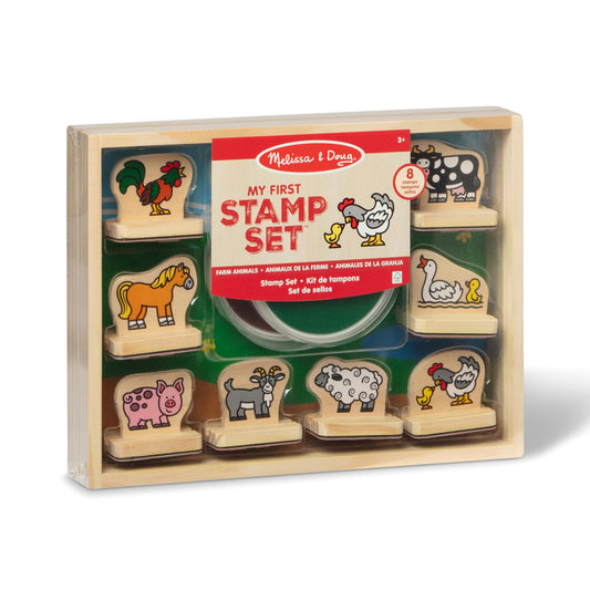 Melissa & Doug Wooden Stamp Set Farm Animals | 8 wooden stamps, 2 stamp pads, storage box | For children ages 3 years and up