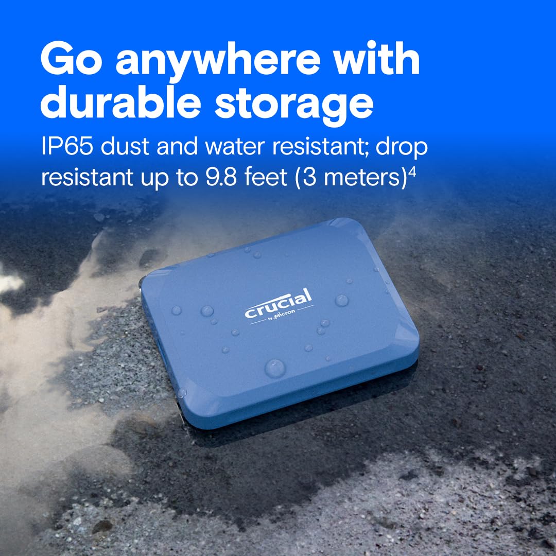 Crucial X10 2TB External SSD, up to 2,100MB/s, USB-C 3.2 Gen2, IP65 water and dust resistant, portable SSD for Mac, PC, smartphone, and gaming console, matte blue - CT2000X10SSD9-02