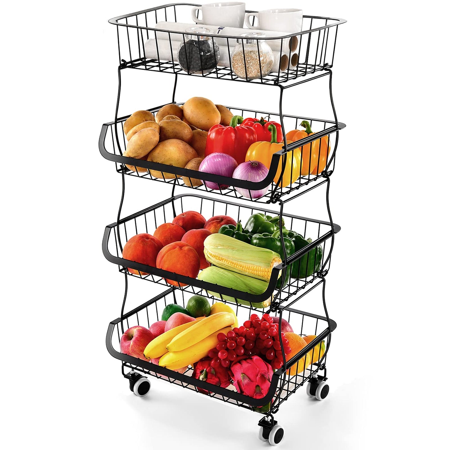 Miyawell fruit basket stand 4 tier fruit stand metal vegetable basket removable fruit holder kitchen storage basket with wheels suction cups, countertop decorative bowls 4 tiered fruit bowl