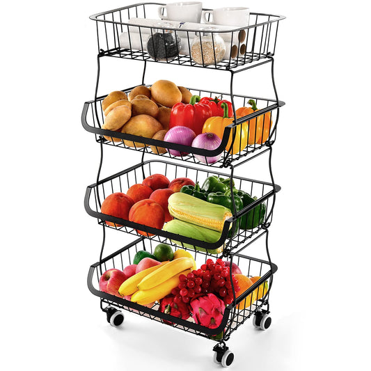 Miyawell fruit basket stand 4 tier fruit stand metal vegetable basket removable fruit holder kitchen storage basket with wheels suction cups, countertop decorative bowls 4 tiered fruit bowl