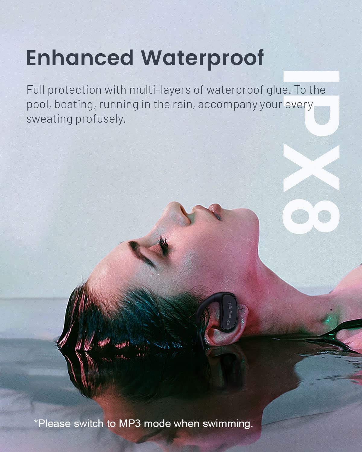 CYBORIS swimming headphones, IPX8 waterproof Bluetooth headphones, wireless in-ear sports headphones with 32GB MP3 player storage, built-in bone conduction speaker, EQ switching function.