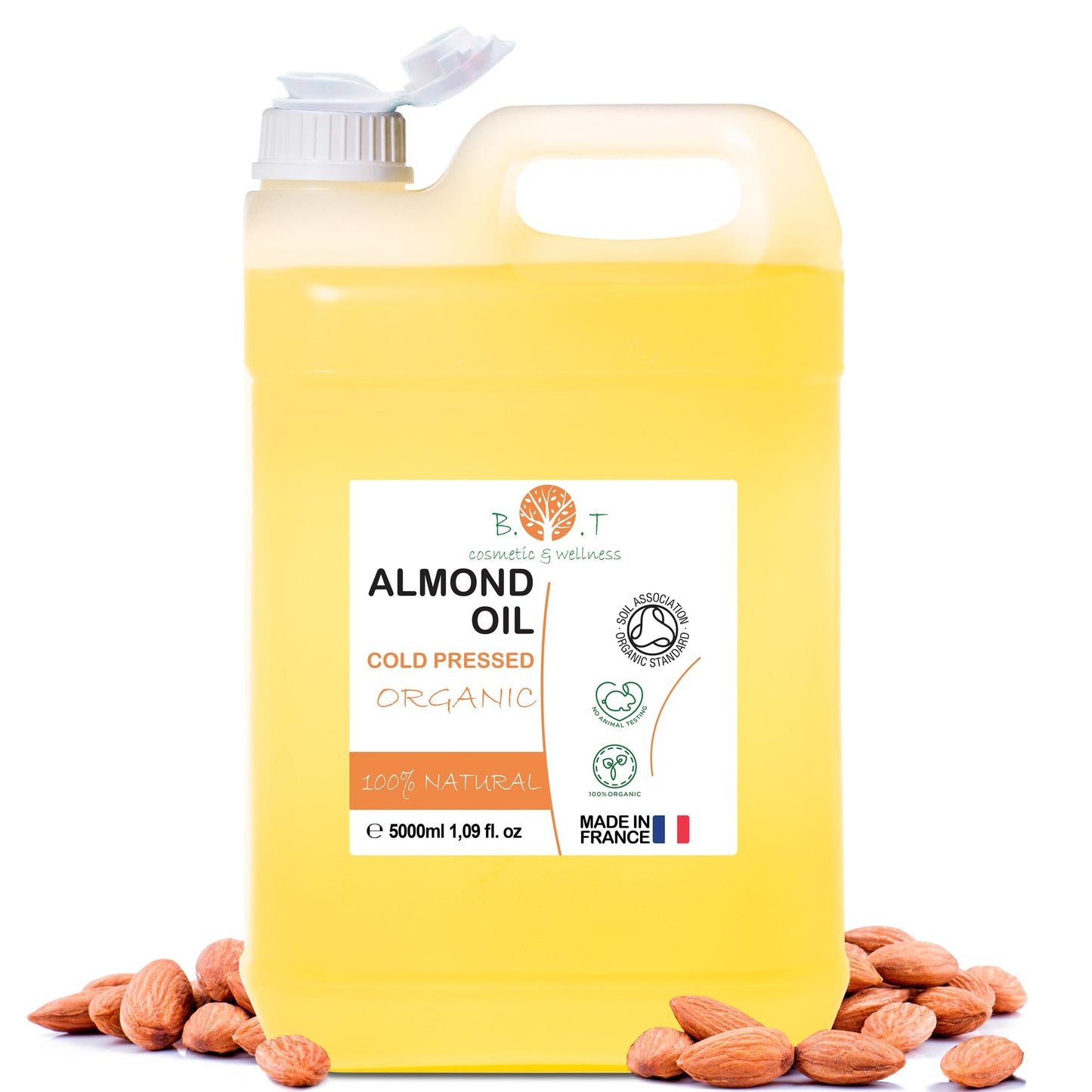 Almond Oil ORGANIC Pure, Cold Pressed, Natural. Cosmetic Massage Oil, Hair and Beard Oil, Body Oil, Anti-Wrinkle Facial Oil, Stretch Marks, Nails, Almond Oil Baby, Scalp Oil - 5000 ml