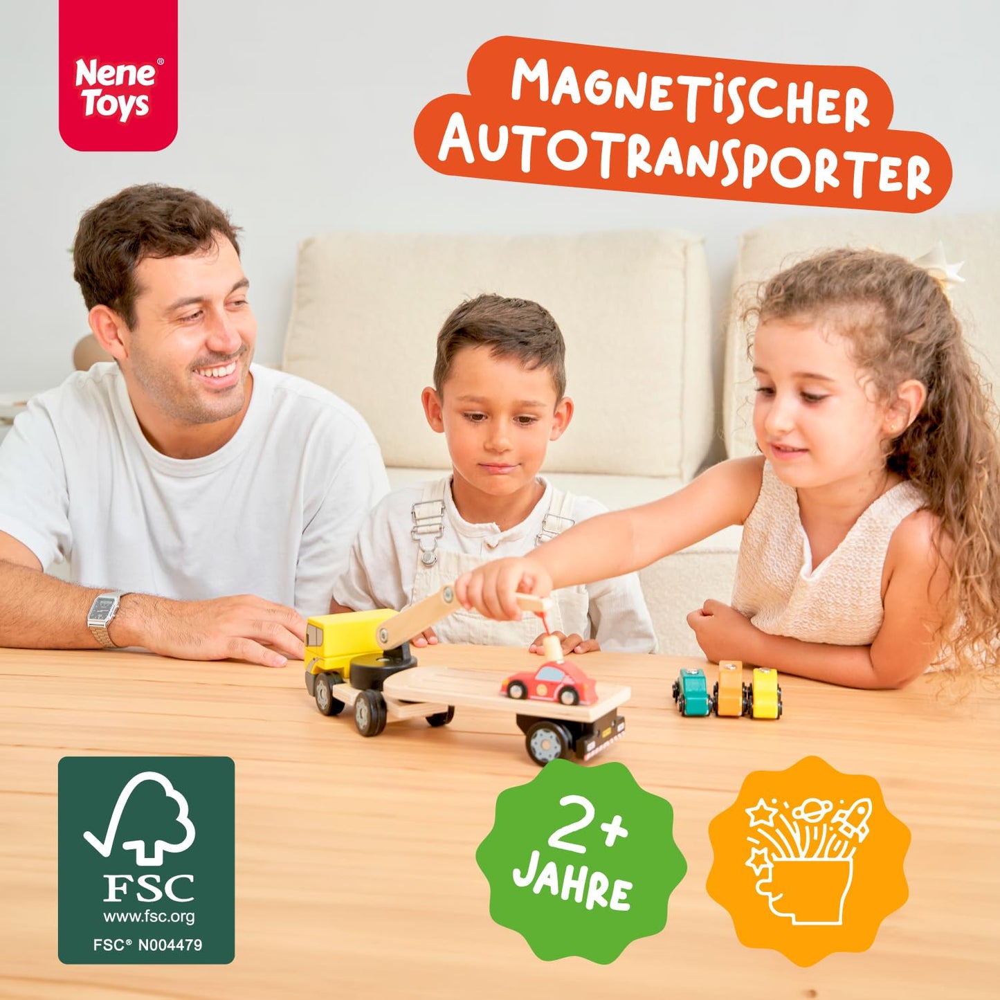 Nene Toys wooden car transporter with crane & 4 magnet cars - magnetic toy for kids aged 2 years & up - Montessori wooden toy & learning game with vehicles - gift for boys girls 2-3 years
