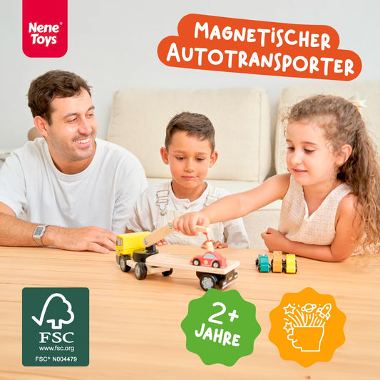 Nene Toys wooden car transporter with crane & 4 magnet cars - magnetic toy for kids aged 2 years & up - Montessori wooden toy & learning game with vehicles - gift for boys girls 2-3 years