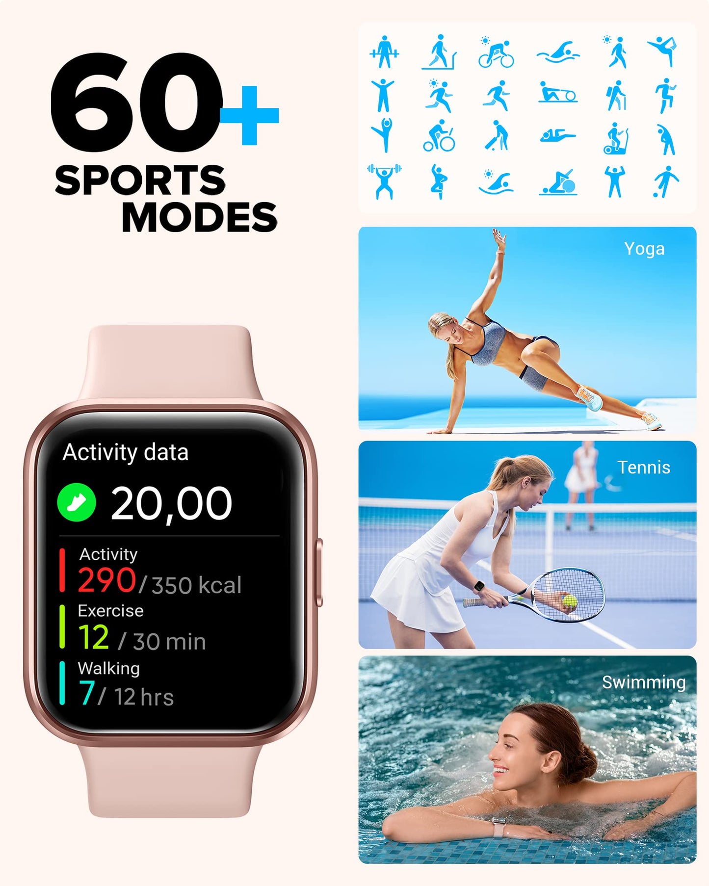 Women's smartwatch with phone function, 1.7" touchscreen pedometer watch with Alexa, 60+ sport modes, heart rate monitor, sleep monitor, SpO2, Whatsapp reminders, IP68 waterproof fitness tracker.