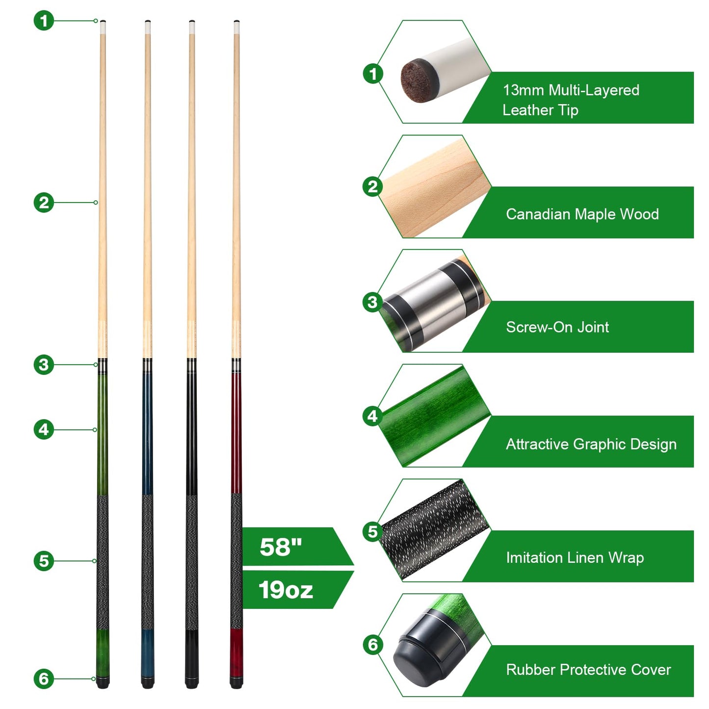 ASMPCUE Pool Cue, 58 Inch Billiard Cue Canadian Maple Wood Pool Cue 13mm Tips for Professional Pool Players, 1/2 Maple Cue Sticks for Billiard Table Sport (Green)