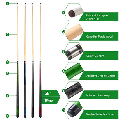 ASMPCUE Pool Cue, 58 Inch Billiard Cue Canadian Maple Wood Pool Cue 13mm Tips for Professional Pool Players, 1/2 Maple Cue Sticks for Billiard Table Sport (Green)