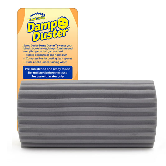 Scrub Daddy Damp Duster Dusting Sponge, washable duster with ridges, household cleaning tool for wood blinds, radiators, and mirrors, spider web remover, anti-static cleaning sponge, Gray.