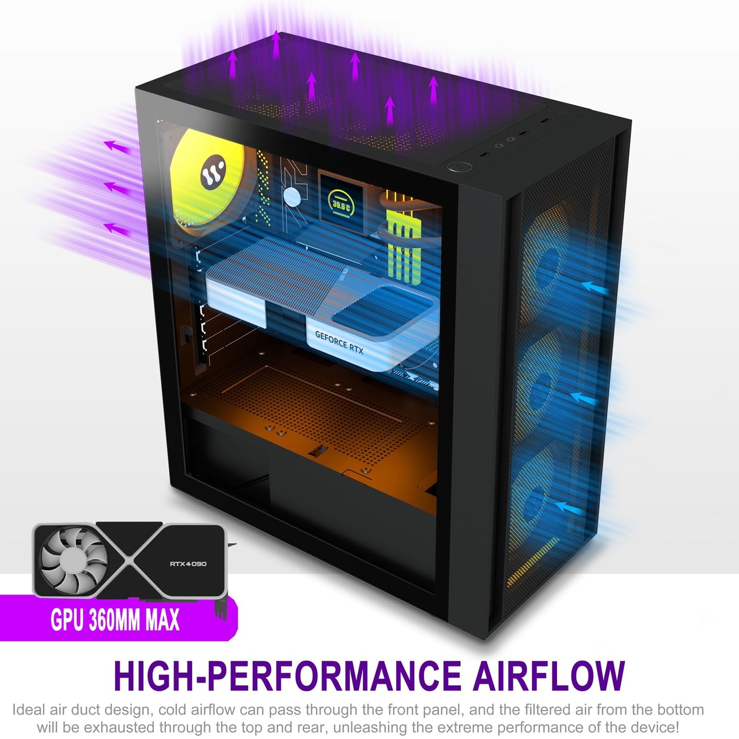 KEDIER's PC case, pre-installed with 3 black case fans, ATX Mid Tower, gaming case with tempered glass opening, side panel, mesh computer case, black (H3) (H05-X60F)