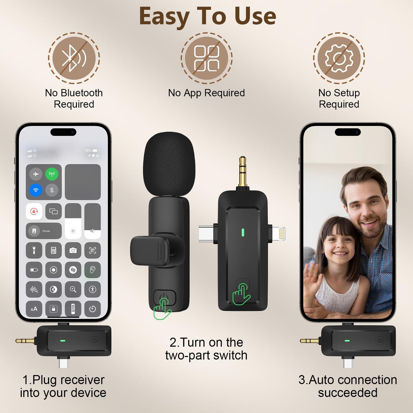 HMKCH Wireless Lavalier Microphone for iPhone/Android Phone/Camera/Computer/Laptop, Professional Mini Clip-on Mic with USB-C/3.5mm/USB Plug for Video Recording, Vlog, YouTube, TikTok