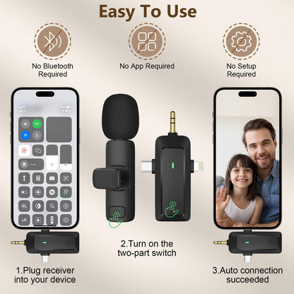 HMKCH Wireless Lavalier Microphone for iPhone/Android Phone/Camera/Computer/Laptop, Professional Mini Clip-on Mic with USB-C/3.5mm/USB Plug for Video Recording, Vlog, YouTube, TikTok