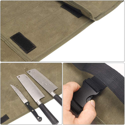 Kitchen knife storage bag, waxed canvas, utensil for knives, roll-up bag with 9 compartments, sheath for kitchen knives measuring up to 29 inches long.