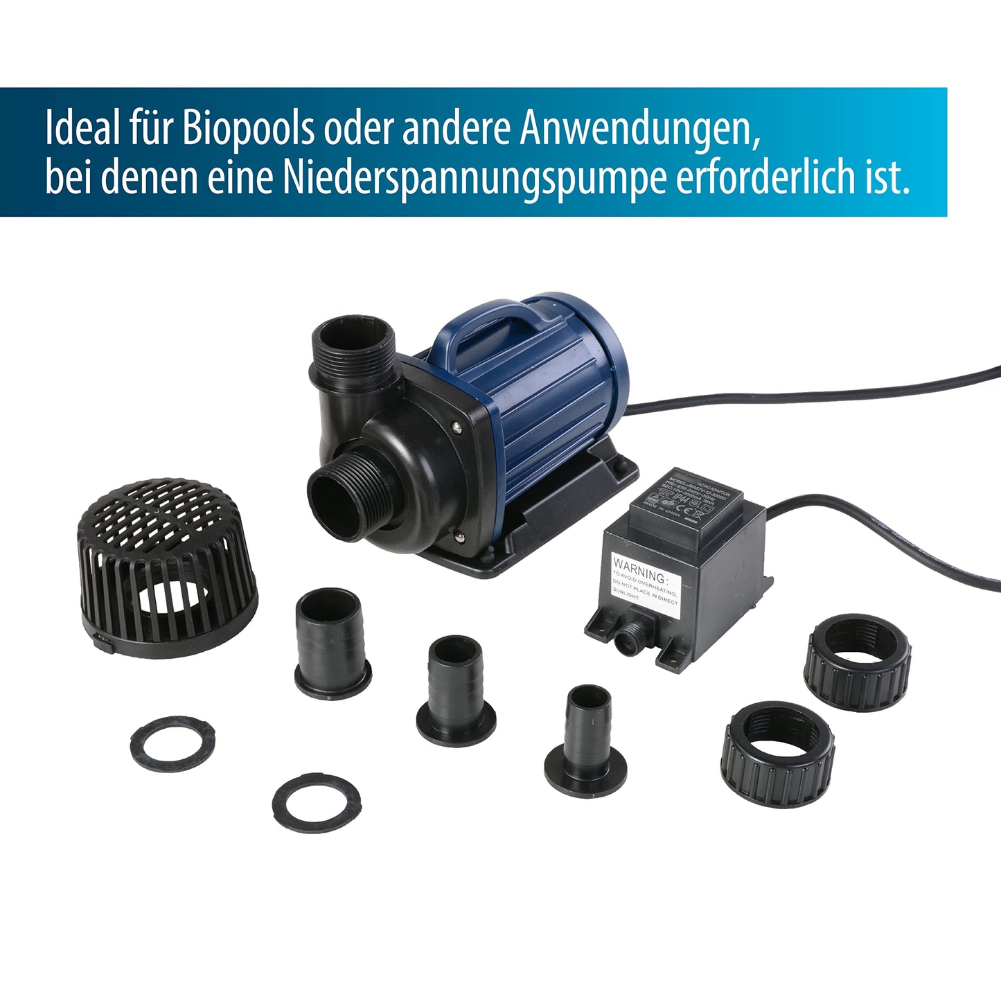 AquaForte DM 12,000 Low Voltage 12 Volt 90 Watt Pond Pump, flow rate 12,000 liters per hour, maximum head height 5.5 meters, automatic dry run protection, cable length 10 meters.