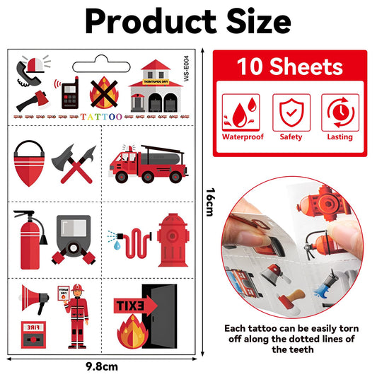 10 Sheets Firefighter Tattoos for Kids, Fireman Temporary Tattoo Set, Skin-Friendly Children's Tattoos as Gift, Waterproof Stickers for Girls and Boys