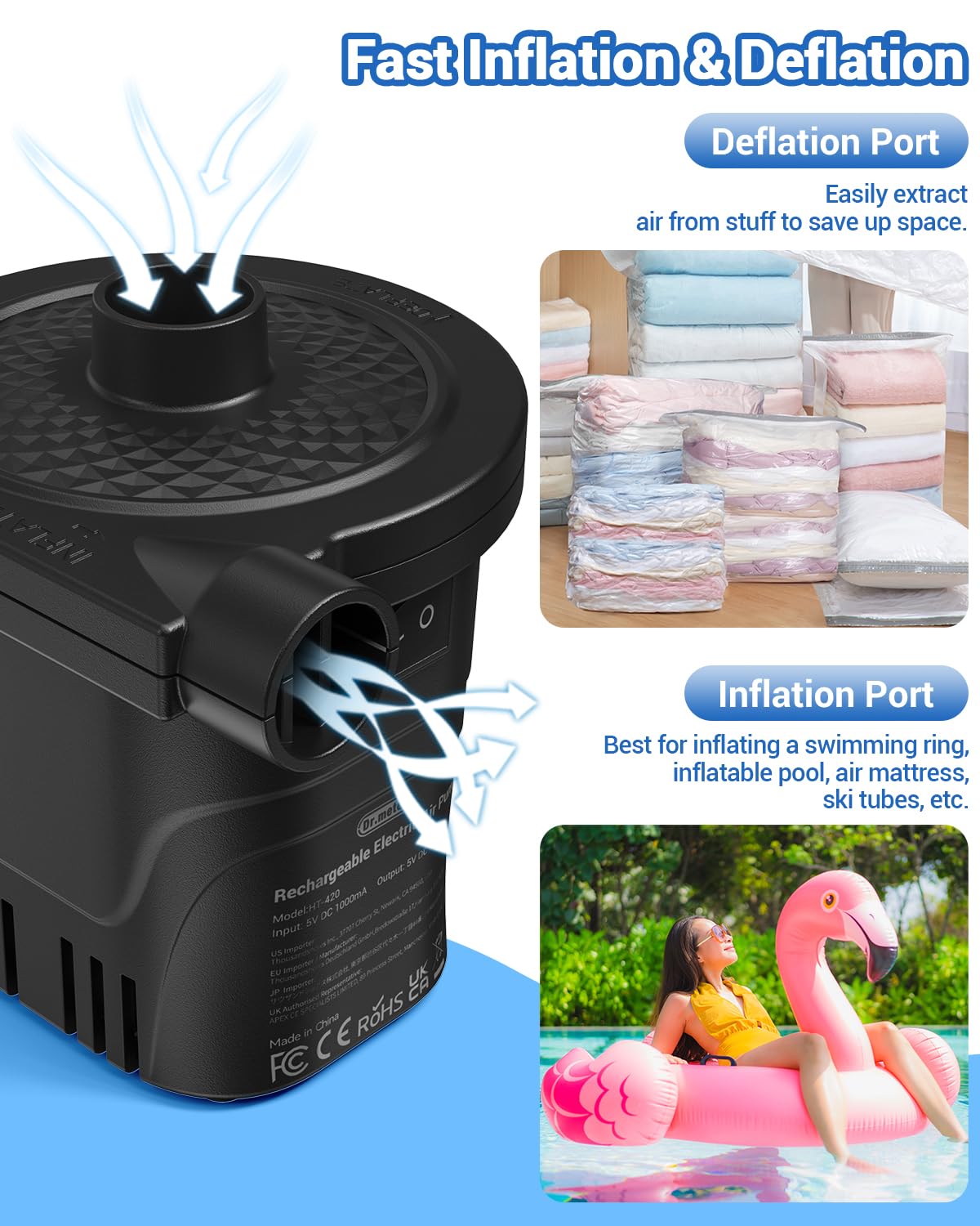 Electric air pump, Dr.meter 4000mAh rechargeable battery air pump 2 in 1 portability air pump air mattress with 3 nozzles for outdoor camping, air mattress, inflatable boat, and kiddie pool.