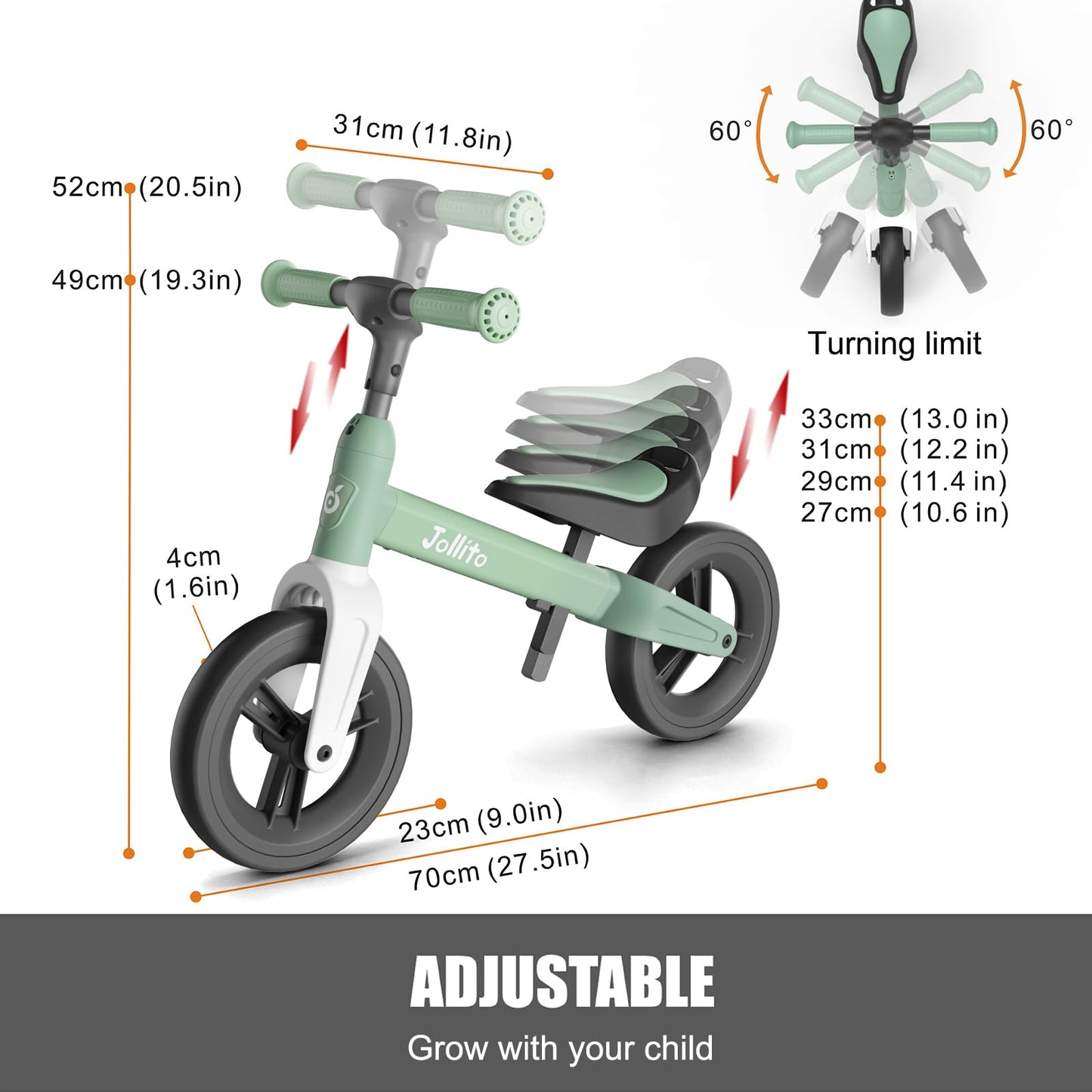 JOLLITO Baby Balance Bike, Kids Bicycle Toy for 18-48 months old girls and boys gifts, pedal-free training bike, 9 inch wheel and aluminum frame.