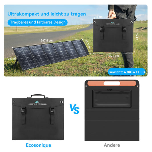Ecosonique 200W Portable Solar Panel, Foldable Solar Module with Kickstand, USB-C PD3.0 & USB-A QC3.0, MC4 & Multi-Output for Power Stations, Generators, RVs, Camping, Hiking
