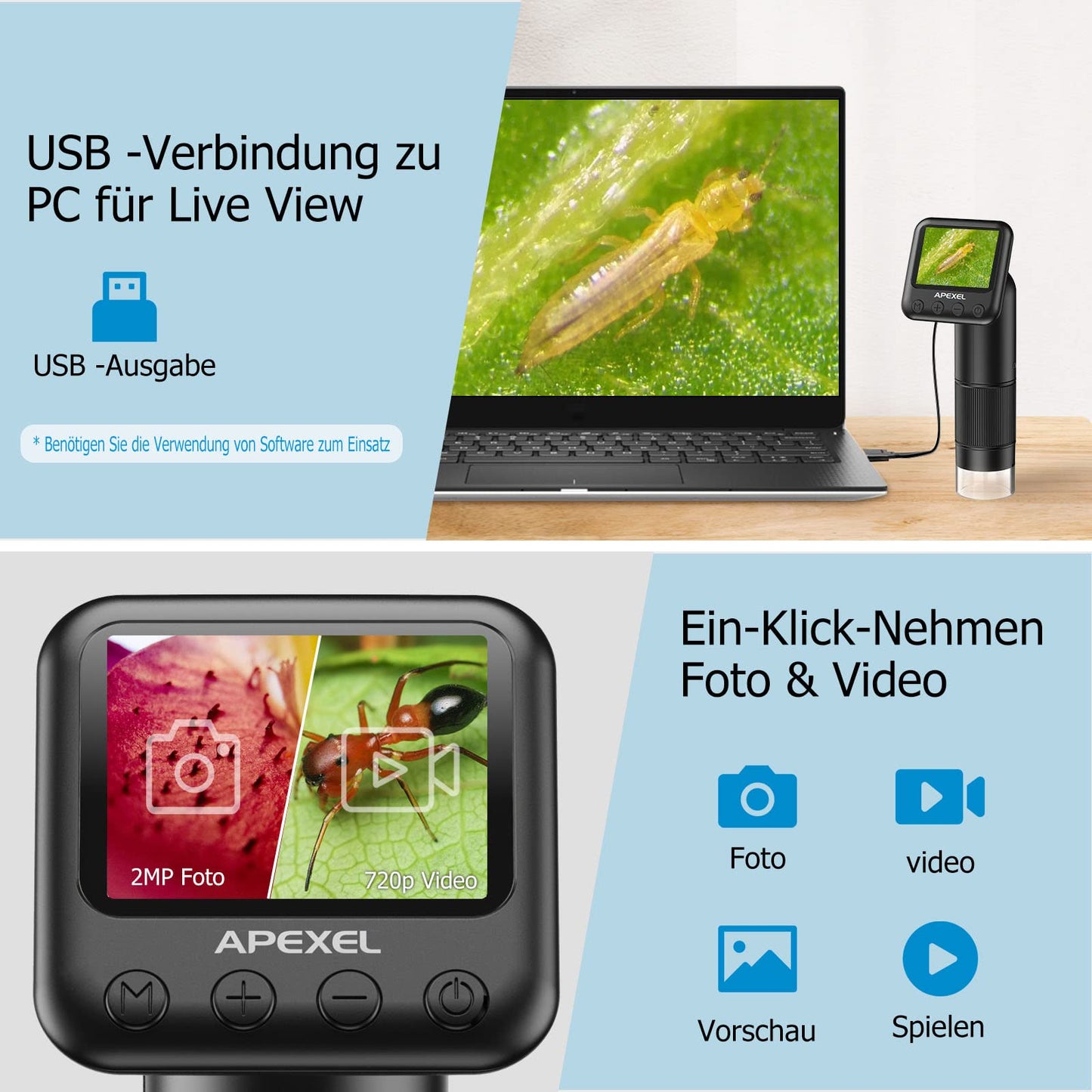 LCD Digital Handheld Microscope, 800x Portable Pocket Microscope for Kids with LED Lights. Connects to PC via USB, comes with SD Card and Slides.