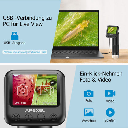 LCD Digital Handheld Microscope, 800x Portable Pocket Microscope for Kids with LED Lights. Connects to PC via USB, comes with SD Card and Slides.