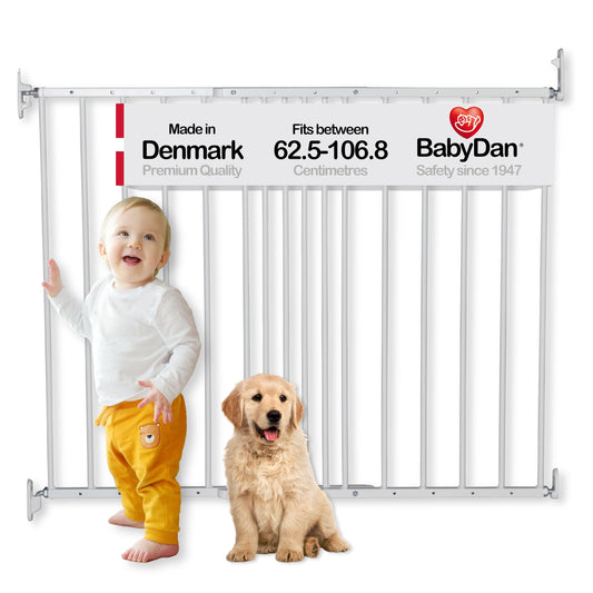 BabyDan MultiDan, 62.5-106.8 cm, extendable stair gate/baby gate/safety gate, made of metal, white, manufactured in Denmark - (pet gate/dog gate)