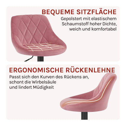 WOLTU Set of 2 Bar Stools, Bar Chairs with Backrest, Height Adjustable Swivel, Padded Velvet Seat, Non-Slip Metal Base, for Kitchen Home Bar, Pink