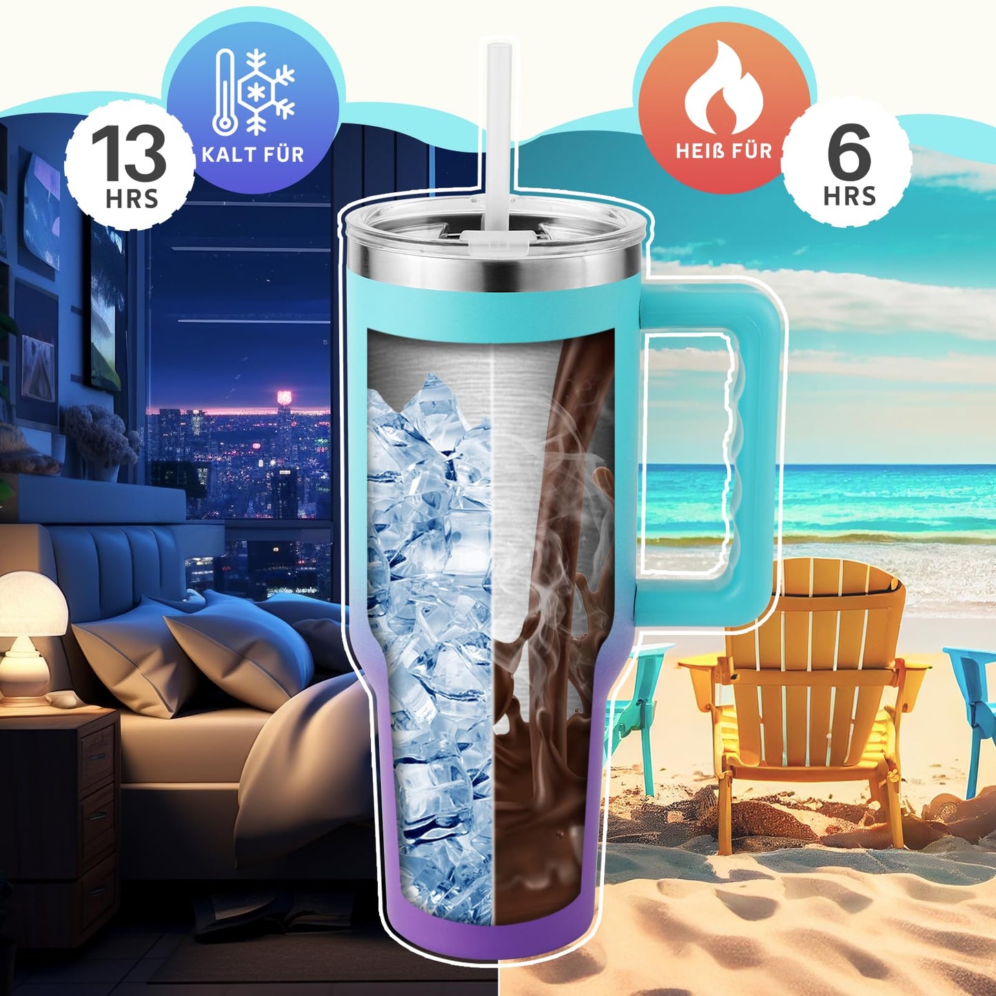 PRAOAHEI 40oz/1180 ML thermos cup with straw and handle, coffee mug to go, leak-proof drinking cup with lid, double-walled stainless steel cold hot vacuum cup, thermo blue purple.