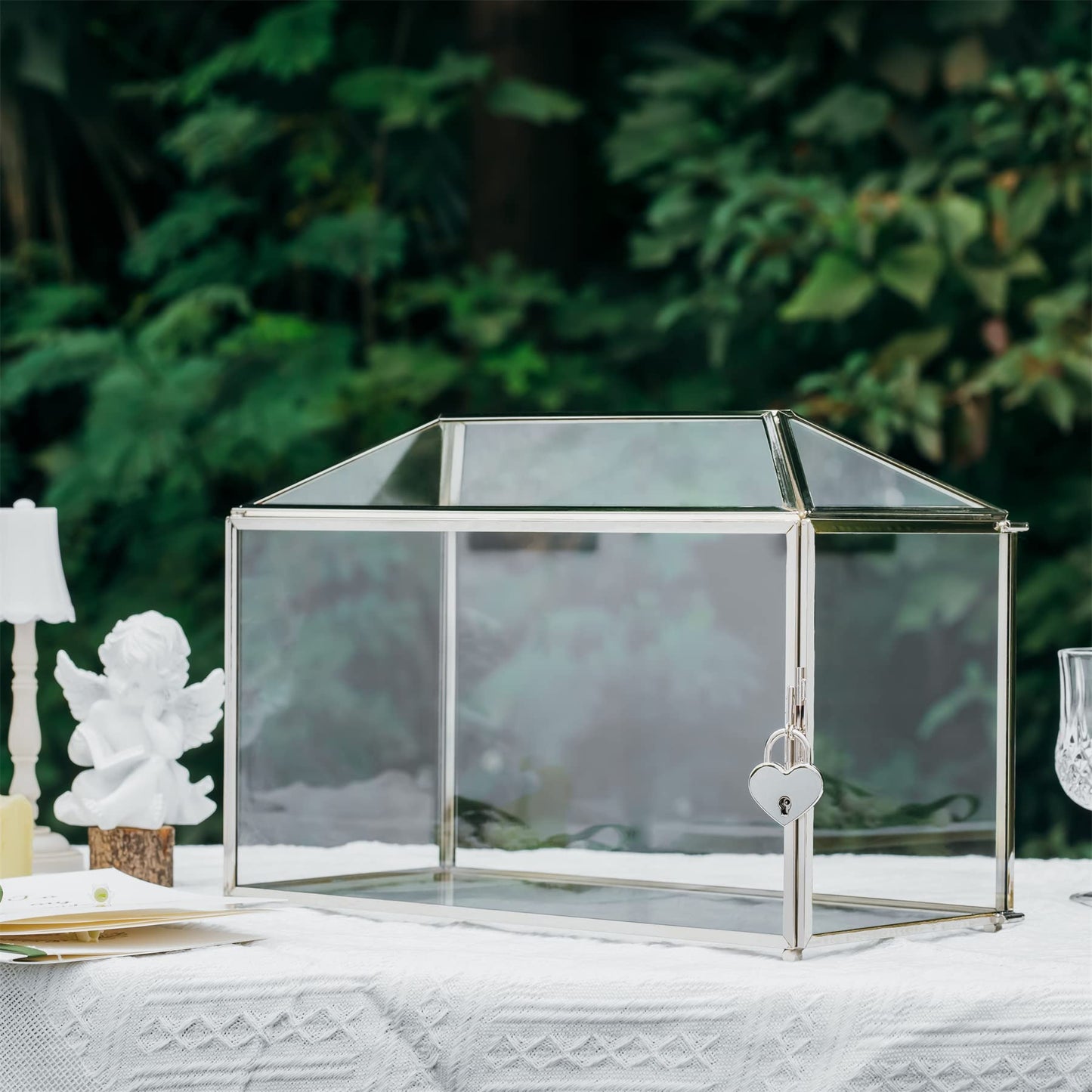 NCYP 32x15x23cm Silver Wedding Card Box made of glass with slot and lock. Handmade decoration for thank you cards, keepsakes, envelopes, terrarium (Glass box and lock only)