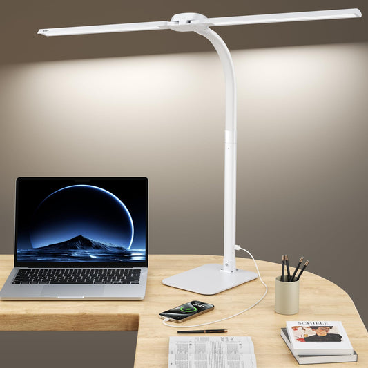 Kary LED Desk Lamp Dimmable with USB Charging Port and base, 24W Ultra Bright Dual Head Table Lamp for Office, Work, Design, Reading, Eye-Care Lamp with Remote Control, White