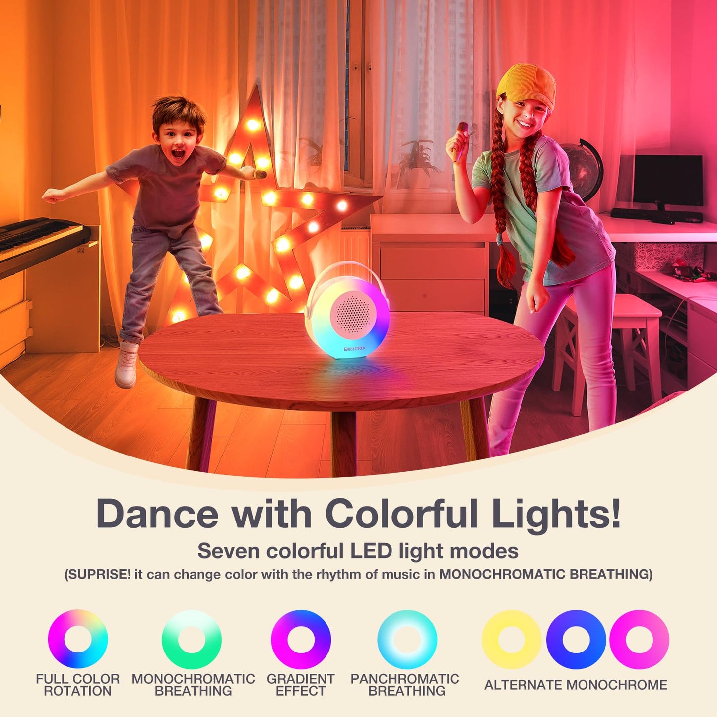 BlitzMax Kids Karaoke Machine Portable Bluetooth Mini Karaoke Speaker with 2 Microphones, Lights, and Sound for Girls Boys Adults Home Party Birthday Gifts (Beige)