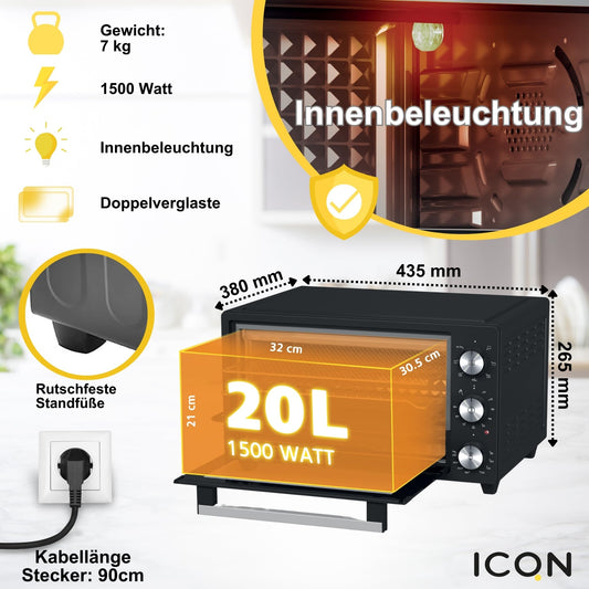 ICQN Mini Oven 20L, Pizza Oven, top/bottom heat with convection function, 5 grill functions, 90 Min. Timer, 1500 W, 80°-240°C, baking tray/grill/drip tray and tray holder, Black
