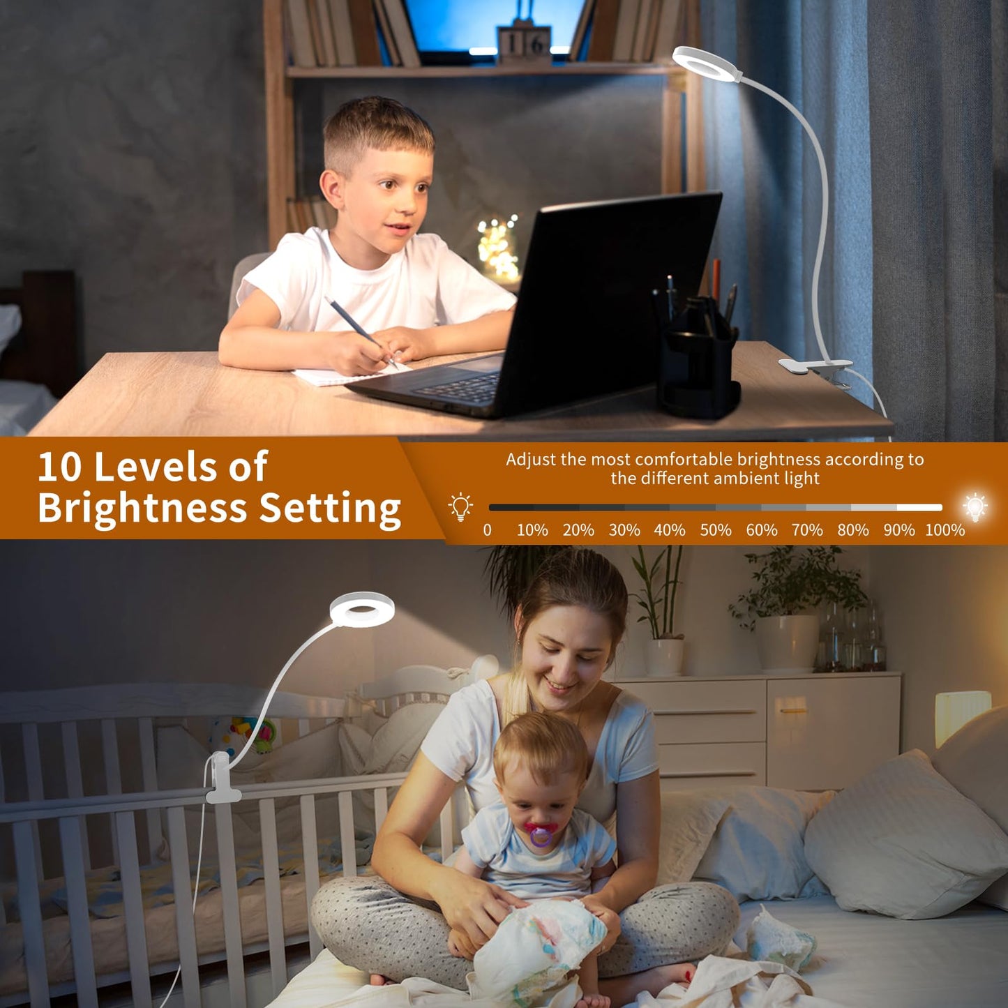 iZELL 23 LED Reading Light for Bed Dimmable -【3 Modes & 10 Brightness Levels】 Eye Protection Clip-on Lamp with 70cm Flexible Gooseneck, Book Light, Desk Lamp with 10W USB Charger, White