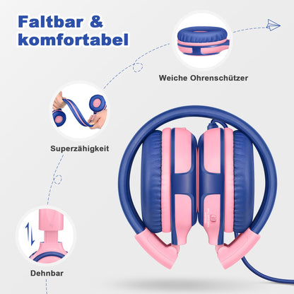 2 sets of headphones for children with portable cases, kid-safe headphones with limited volume, wired headphones for girls, boys, on-ear kids' headphones for school, travel mint + pink